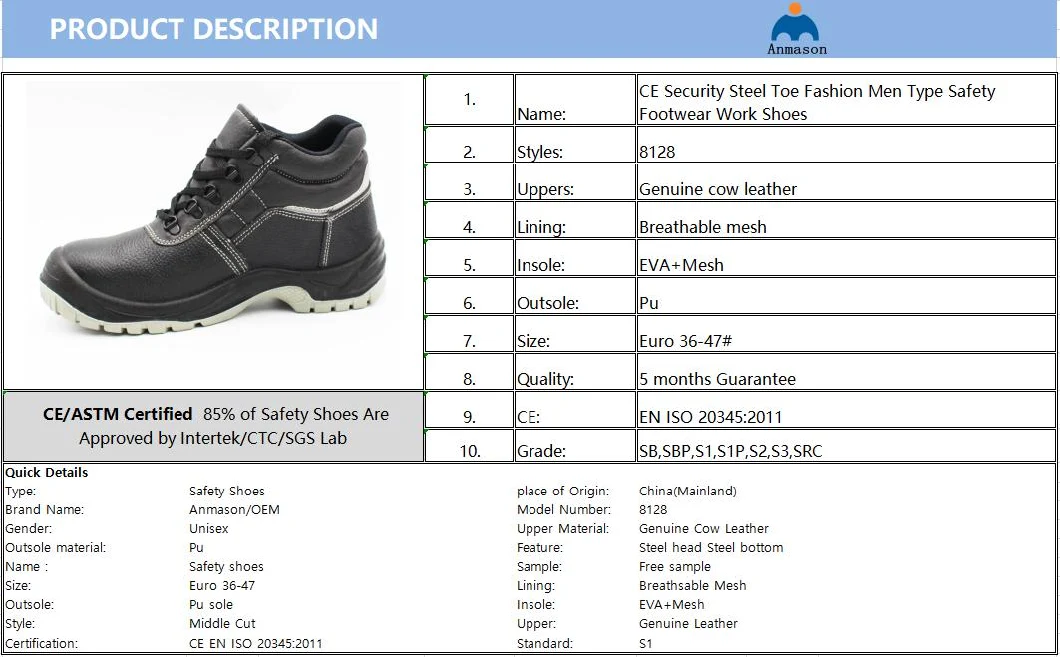 CE Steel Toe Fashion Men Type Safety Footwear Work Shoes